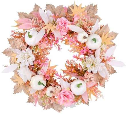 15,75 Zoll Herbstkranz-Dekoration für die Haustür, Künstlicher Herbst-Kürbiskranz mit Rosa-weißen Ahornblättern, Hängender Kürbiskranz für Erntedankfest, Hochzeit, Ernte, Wand