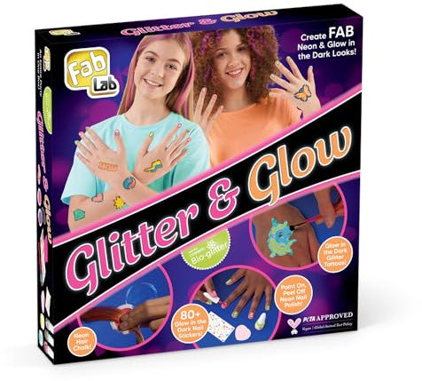FabLab Glitter and Glow Activity Kit | Create FAB Neon & Glowing Looks! | Includes Body Glitter, Nail Varnish, Temporary Tattoos & Hair Chalks | Girls Gifts for Ages 8+