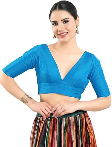 Dupion Silk Solid Non Padded Saree Blouse Top V-Neck Short Sleeves Hook and Eye Closure and Tie-Up Back Choli Blue