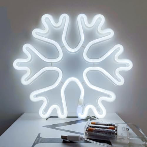 Large Christmas Snowflake Decorations LED Neon Light Signs for Christmas Tree Wall Bedroom Decor,Battery or USB Powered Neon Snowflake Night Light up Decorative Lamps for Wedding Xmas Party Gifts