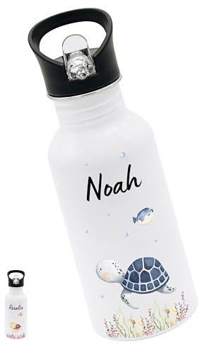 Bärenfreunde® - Gourde personnalisée pour enfant en acier inoxydable [500 ml] - Gourde robuste avec nom - Bouteille d'eau avec paille - Cadeaux personnalisés pour enfants (tortue bleue)