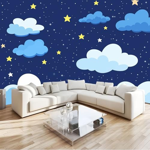 Papier Peint 3D Nuages De Ciel Étoilé De Dessin Animé Bleu Panoramique Peinture Murale Interieur 200x140 cm pour Salon Chambre à Coucher D'Enfant Maison Décoration Murale