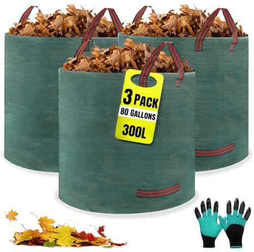 Lanyesky 3 x 300L Gartensäcke, Gartenabfallsack Handschuhe inklusive, 4 Griffe, selbststehend, wasserdicht, Laubsack langlebig und korrosionsbeständig, geeignet für Gartenabfälle (3x300L)