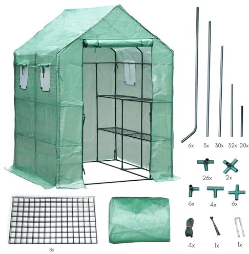Eikuavons Gewächshaus,Tomatengewächshaus mit Regale für Pflanzen,143*143*195cm,135g PE-Plane,Wetterfest,Treibhaus mit Tür(Grün),für Garten oder Balkon
