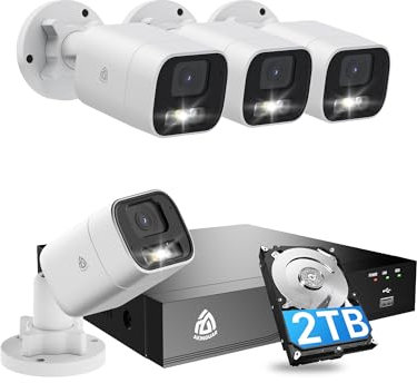 AKINGUAR 5MP Überwachungskamera Aussen Set, Videoüberwachung mit 4K 8CH 2TB HDD POE NVR & 4X 5MP PoE IP Kamera für 24/7 Aufnahme, Personen/Fahrzeugerkennung, 2-Wege Audio, Farbige Nachtsicht, IP66
