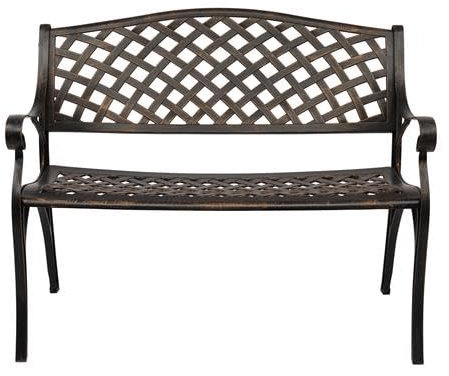 Bonnlo Sitzbank Metall Aluminium, wetterfeste Gartenbank für 2 Sitzer, Essbank mit Rückenlehne und floraler Armlehne, Bänke für Terrase, Balkon, Garten, Hof, Bronze