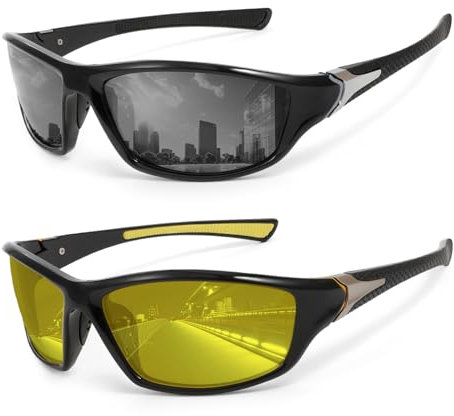 Hifot Sportsonnenbrillen für Herren Nachtfahrbrille Fahrradbrille Damen 2 Stück, Sonnenbrille Herren Polarisiert Sportbrille für Joggen Laufbrille Damen Nachtsichtbrille für Autofahrer