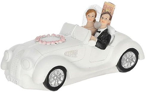 Spardose Brautpaar im Cabrio | 17x7,5x8cm Polyresin weiß Gummistopfen Geldeinwurfschlitz | Hochzeit Verlobung Sparbüchse