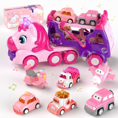 usrela Toys for 2+ 3 Year Old Girl, Birthday Gifts for 2 3 Year Old Girls | Carrier Truck for Girls Toys Friction Power Light & Sound Toy Cars for 2 + 3 1st Christmas Girl Gifts 6 Cars