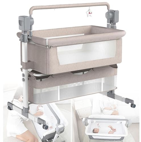 Elektrisches Bluetooth Smart Next to Me-Kinderbett, multifunktionales Babybett, höhenverstellbares Babybett, Babywiege mit Matratze, Aufbewahrungskorb und Moskitonetz,Beige