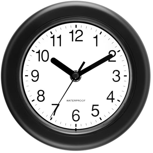 KIZLOC 17 cm Wanduhr Outdoor wetterfest, Gartenuhr draußen wasserfest, Tischuhr ohne Tickgeräusche lautlos, Quarz batteriebetriebene Uhr für Garten, Terrasse, Schwimmbad, Badezimmeruhr (Schwarz)