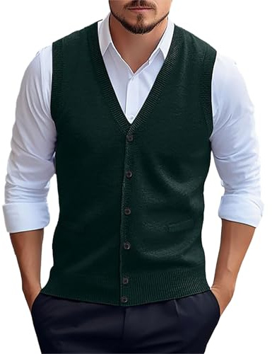 Generisch Gilet lavorato a maglia da uomo, senza maniche, con monopetto e tasche, tinta unita, con scollo a V, taglie forti, leggero, per il tempo libero, per attività all'aria aperta