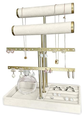 Granbest 3-Tier Jewellery Stand with Perforated Earring Metal Rods, Velvet Bracelet Holder with Ring Tray, Stylish Jewelry Organiser for Bracelets,Necklaces, Earrings, Rings (Beige)