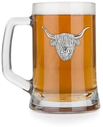 Stunning Pewter Glass Pint Tankard With A Scottish Highland Cow Head Design