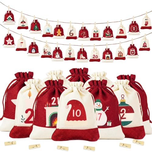 Adventskalender zum Befüllen, 24 Stück adventskalender selber befüllen, adventskalender säckchen, Weihnachtskalender 2025 Jutesäckchen, Weihnachtsdeko Geschenktüten Weihnachten (Style C)