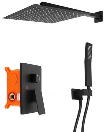 Juego de grifo de ducha empotrado, sistema de ducha empotrado, con ducha de 30 x 30 cm, color negro