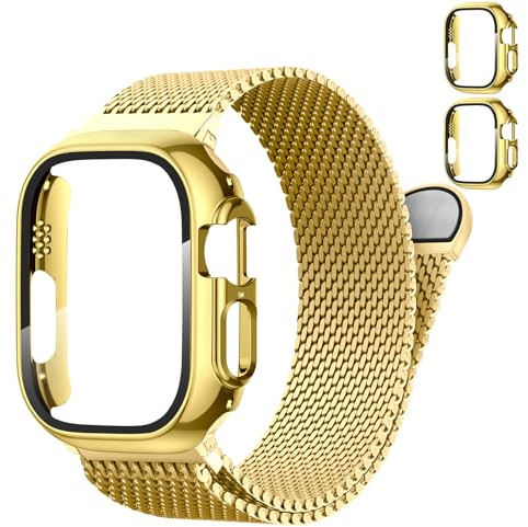SOLOLUP Milanese Loop mit Schutzhülle für Apple Watch Armband Serie 11 10 9 8 7 6 5 4 3 SE Ultra 3/2,Metal Milanaise Magnet Band+2 Pack Case für iWatch 49/46/45/44/42 mm-S 3/2/1,49mm PC Hülle Gold
