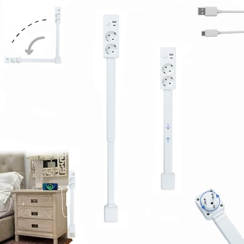 Prise tournante Extensible, Prise Extensible Derriere Meuble, multiprise Plate Derriere Meuble,Outlet Extender, rotatives à 180°,avec Ports USB-A,USB-C et 2 Prises Secteur,Extensibles de 46 à 67 cm