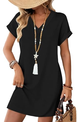 Cuptacc Vestido Verano Mujer Manga Corta Cuello en V Vestido Camiseta Elegante Clásico con Bolsillos Negro, Large L 42-44