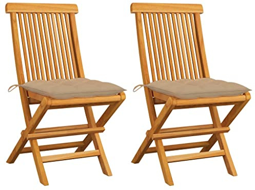 QJBSAVVA 2er Set Klappbare Gartenstühle aus Massivholz Teak mit Beigen Sitzkissen, Robuste Holzstühle für Garten Terrasse und Balkon, Klappstühle 47 x 60 x 89 cm