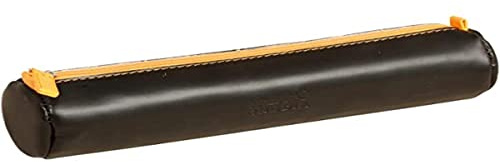RHODIA 318892C - Rhodiarama Black Round Pencil Case - 21.5 x 5.5 cm - Genuine Orange Stitching - Ivory Jersey Interior - Faux Leather - Storage for Pens, Pencils, Markers, Small Supplies