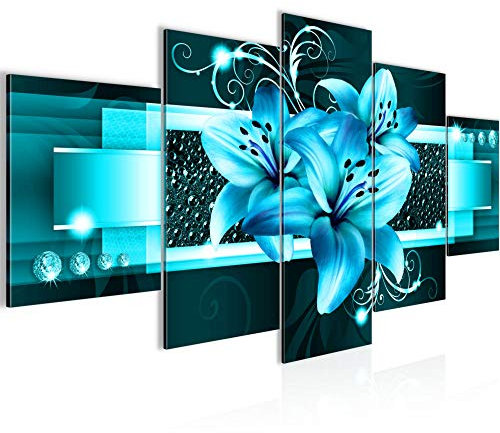 Runa Art - Bilder Blumen Lilien 200 x 100 cm 5 Teilig XXL Wanddekoration Design Türkis 008651a