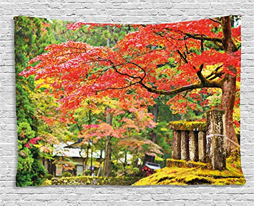 ABAKUHAUS japanisch Wandteppich, Sakura-Baum-Blüte, Wohnzimmer Schlafzimmer Heim Seidiges Satin Wandteppich, 200 x 150 cm, Grün braun Zinnoberrot