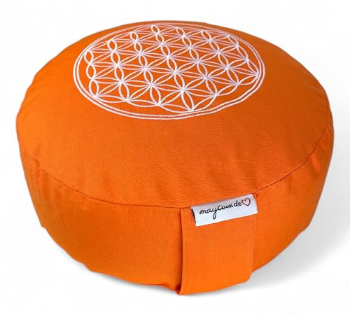 maylow Yoga mit Herz Yogakissen Meditationskissen Stickerei Blume des Lebens 33x15 cm für Anfänger und Geübte Bio-Dinkelspelz Füllung Bezug und Inlett Baumwolle waschbar (orange/weiß)