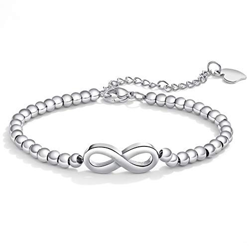 Cupimatch Infinity Unendlichkeitszeichen Armband Damen Unendlichkeit Symbol Armkette Perlenarmband mit Verstellbarer Kugelkette Edelstahl,16cm+5cm lang