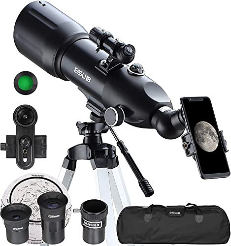 ESSLNB Teleskope für Erwachsene und Kinder, Astronomie-Anfänger, 80 mm, astronomische mit 10 x Handy-Halterung, Refraktor-Teleskop-Stativ Tragetasche, Erect-Image Reise-Teleskop Mondfilter