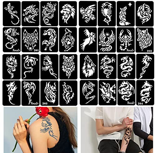 XMASIR 34 Stück Airbrush Temporäre Tattoo Schablonen Kit für Männer Arm Zurück Körperbemalung Wiederverwendbare Glitter Tattoo Aufkleber 2 Groß + 32 Klein