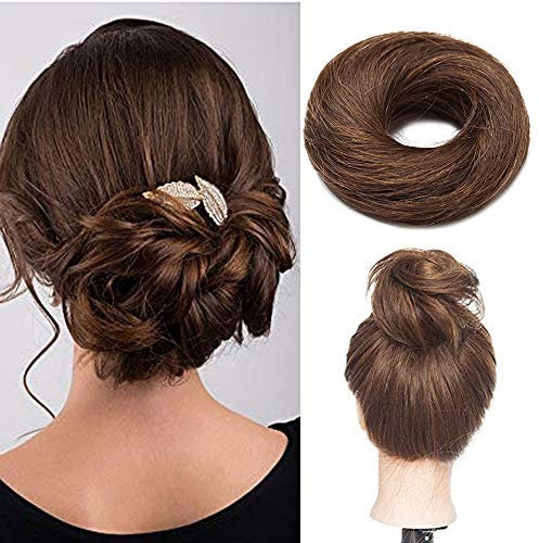 Haargummi mit Haaren Haarteile Echthaar Haargummi für Haarknoten Haarteil Dutt 100% Human Hair Glatt Hochsteckfrisuren 17 Gramm 04# Mittelbraun