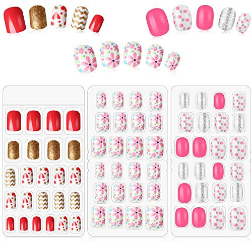 72 Pieces Kids False Nails Press on Artificial Nail Girl Fake Fingernail Kit Full Cover Short for Girls Children Nail Design Decoration, 3 Boxes (Flower, Dot and Heart)