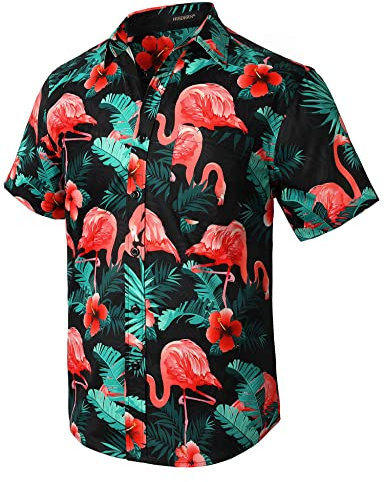 HISDERN Men Funky Hawaiian Flamingo Shirts Short Sleeve Front Pocket Holiday Summer Aloha Beach Casual Mint Black Pink Hawaii Shirt