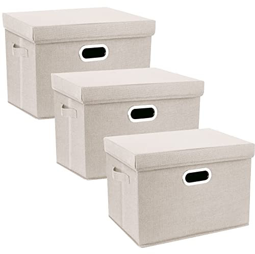 TYEERS Large Storage Box with Lid, Collapsible, Washable, Fabric Storage Box for Clothes, Wardrobe Storage, 44x30x29 cm, Set of 3, Beige