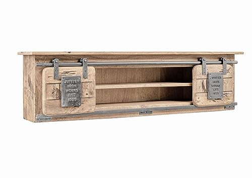 MASSIVMOEBEL24.DE Railway Wandregal 130x25x35 Mango mit 2-türig Zwischenboden, Farbe:beige lackiert, Größe:130x25x35 cm (BxTxH)