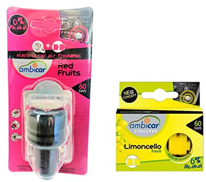 AMBICAR – Deodorante per auto. Diffusore Elettrico Ricaricabile. Essenze Naturali, Senza Alcool. Aroma Frutti Rossi + Limone
