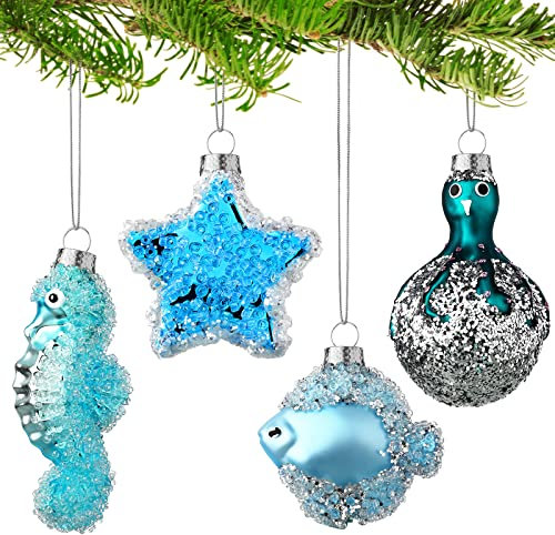 4 Pack Summer Ocean Tree Decorations Blue Glass Coastal Hanging Decor Sea Animal Ornaments Starfish Beach Christmas Tree Decorations for Home summer beach Party Decor