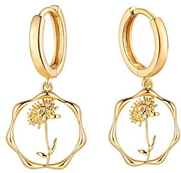 ABDOT Gold Dainty Birth Flower Earrings 14K Gold Plated Floral Huggie Hoop Earrings for Women Birthstone Earrings for Women Hypoallergenic Earrings Birthday/Christmas Gifts, Brass, No Gemstone