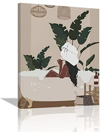 Afrikanische amerikanische Badezimmer-Wandkunst, Boho, schwarze Frauen in Badewanne, Wanddekoration, abstraktes schwarzes Mädchen, Leinwanddruck, minimalistisches Gemälde, Wohnzimmer, 30.5x40.6 cm