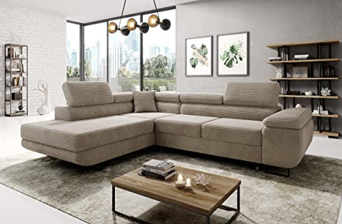 Sofa mit Schlaffunktion mit Bettkasten aus Cord - Ecksofa fur 3 Personen - ASTORP - Bequem Schlafsofa mit Kopfstützen - Modern Couch 277x203x100 cm - Ecke Links - Beige Poso 02 - MODERNO