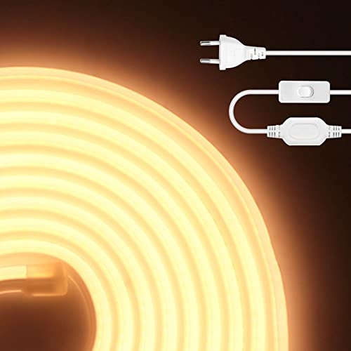 HEGEHE 230V COB Neon LED Streifen mit Schalter, IP65 Wasserdicht Superhell Hohe Dichte 288leds/m Flex LED Lichtband für Innen Aussenbereich Festival DIY Deko (Warmweiß, 4M)