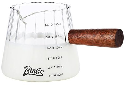 Bincoo Vaso de chupito espresso de 6 onzas con mango de madera, taza medidora de leche de café con escala transparente, crema de vidrio resistente al calor para café, té o jarabe de arce (180 ml,