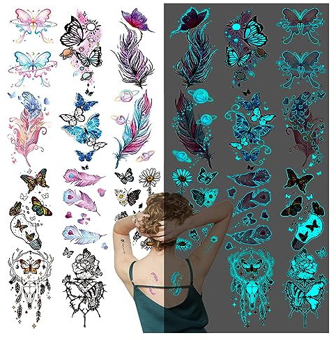 Acevegue 18 Blätter Temporäre Tattoos Set, Blue Leuchtende Schmetterling Feder Rose Blumen Fake Tattoos aufkleber für Erwachsene Männer Frauen, Party Favors Nachtclub Kneipe