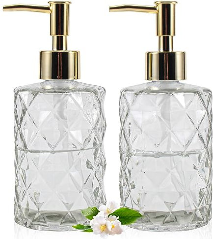 GOYISEE Glas Seifenspender,12 Oz Diamant Design Glas Nachfüllbare Hand Seifenspender, Mundwasser Lotion Spender für Küche, Badezimmer (Clear 2 Pack)