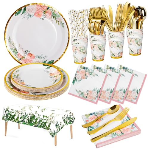 Nkaiso Set Di Piatti e Tovaglioli Fiori Per Feste 161 Pezzi, Piatti Di Carta Fiori e Bicchieri, Piatti Per Baby Shower, Riutilizzabile Posate Per Feste Di Compleanno Per Party Decorazione- 20 Ospiti