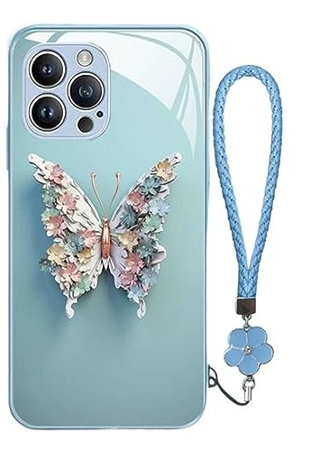 Flache 3D Schmetterling Muster Glasabdeckung Kompatibel Für IPhone, Gehärtetes Glas Silikon Glas Telefon Fall Für IPhone 14 13 12 11 Pro Max Stoßfeste Abdeckung ( Color : Blue , Size : For iphone 12 P