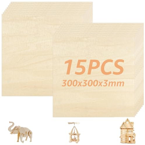 WOPPLXY 15 placas de madera contrachapada de 3 mm, 300 x 300 placas de madera sin procesar para proyectos láser, modelo DIY