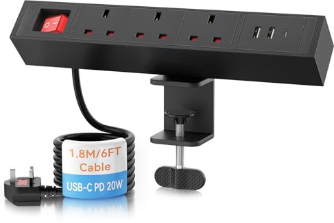 Desktop Power Strip USB C PD 20W, Ohuo Desk Extension Leads 3 Way with 3 USB Slots Table Power Sockets with Switch Black