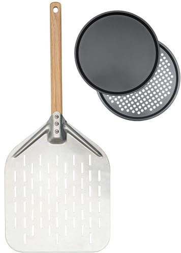 ASPENBO Pala para Pizza+Bandeja de Pizza Juego de 3 Piezas,Pala para Pizza de Aluminio Anodizado Duro con Mango Largo Retirable,Bandeja de Pizza Antiadherente para Horno Normal y Pizza.